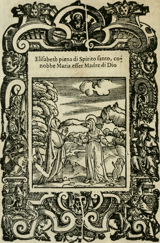 An illustration from Rosario della gloriosa Vergine Maria : con le stationi, & indulgentie delle chiese di Roma per tutto l'anno : di nuouo stampato, & ricorretto con nuoue & belle figure adornato, 1591, leaf 99