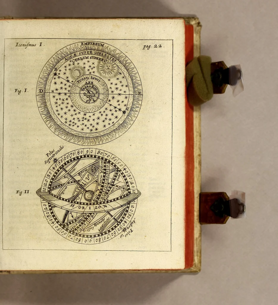 An illustration from R.P. Athanasii Kircheri e Societate Jesu Iter extaticum cœleste, : quo mundi opificium, id est, cœlestis expansi, siderumq[ue] tam errantium, quàm fixorum natura, vires, proprietates, singulorumq[ue] compositio & structura, ab infimo telluris globo, usq[ue] ad ultima mundi confinia, per ficti raptus integumentum explorata, novâ hypothesi exponitur ad veritatem, interlocutoribus Cosmiele et Theodidacto, 1660, leaf 55
