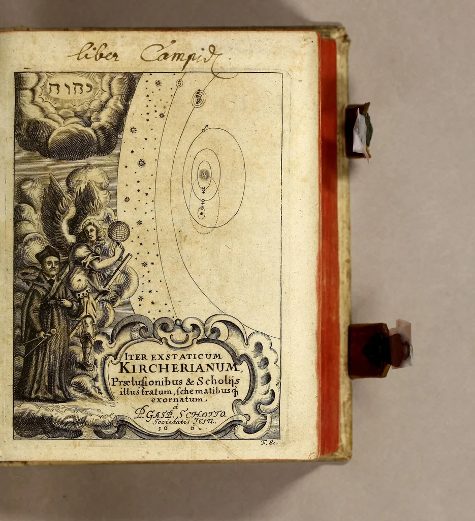 An illustration from R.P. Athanasii Kircheri e Societate Jesu Iter extaticum cœleste, : quo mundi opificium, id est, cœlestis expansi, siderumq[ue] tam errantium, quàm fixorum natura, vires, proprietates, singulorumq[ue] compositio & structura, ab infimo telluris globo, usq[ue] ad ultima mundi confinia, per ficti raptus integumentum explorata, novâ hypothesi exponitur ad veritatem, interlocutoribus Cosmiele et Theodidacto, 1660, leaf 9