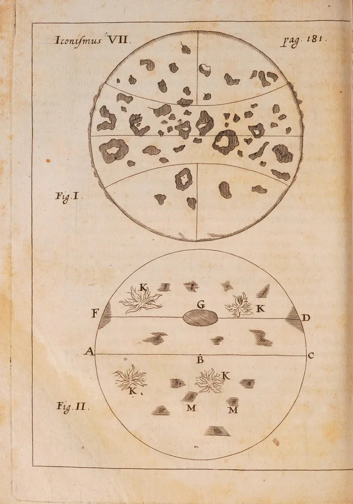 An illustration from R.P. Athanasii Kircheri ... Iter extaticum coeleste, quo mundi opificium, id est, coelestis expansi, siderumq; tam erratium, quàm fixorum natura, vires, proprietates, singulorumq; compositio & structura, ab infimo telluris globo, usq; ad ultima mundi confinia, per ficti raptus integumentum explorata, novâ hypothesi exponitur ad veritatem, interlocutoribus Cosmiele et Theodidacto, 1660, leaf 216