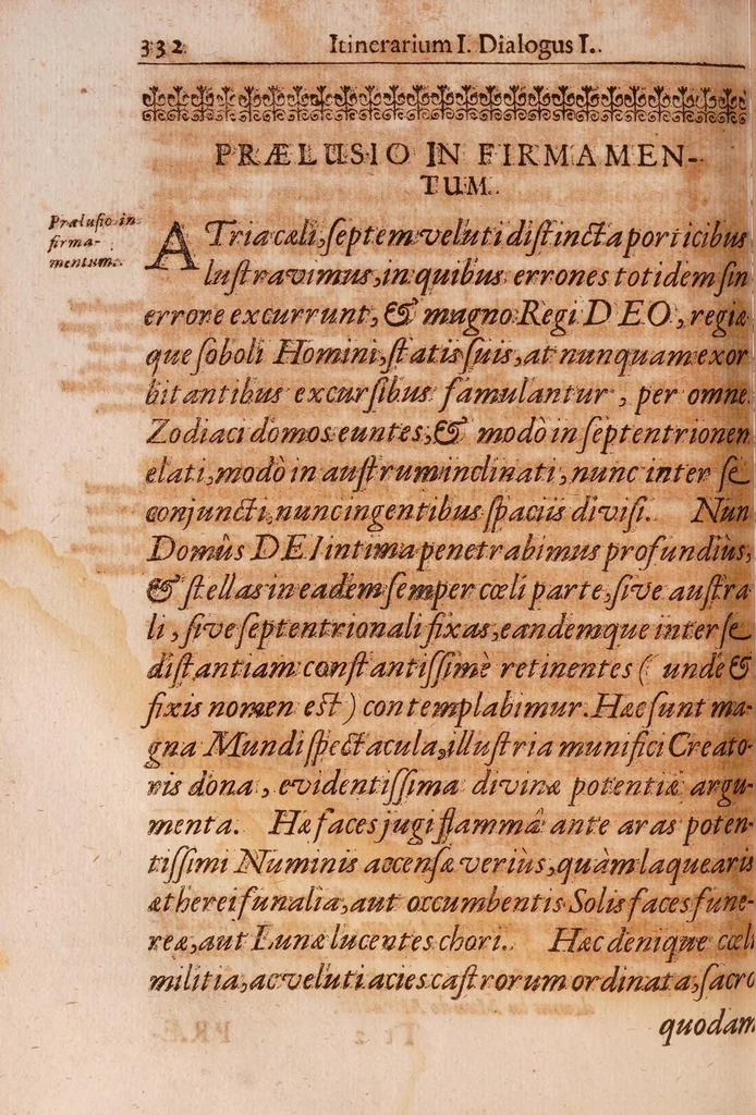 An illustration from R.P. Athanasii Kircheri ... Iter extaticum coeleste, quo mundi opificium, id est, coelestis expansi, siderumq; tam erratium, quàm fixorum natura, vires, proprietates, singulorumq; compositio & structura, ab infimo telluris globo, usq; ad ultima mundi confinia, per ficti raptus integumentum explorata, novâ hypothesi exponitur ad veritatem, interlocutoribus Cosmiele et Theodidacto, 1660, leaf 376
