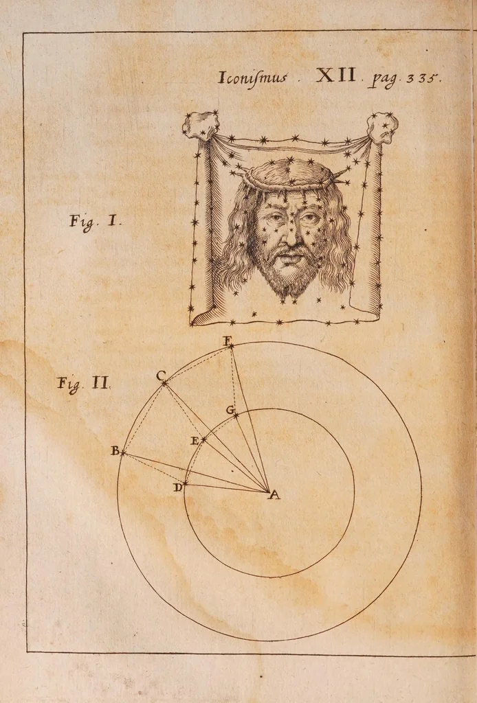 An illustration from R.P. Athanasii Kircheri ... Iter extaticum coeleste, quo mundi opificium, id est, coelestis expansi, siderumq; tam erratium, quàm fixorum natura, vires, proprietates, singulorumq; compositio & structura, ab infimo telluris globo, usq; ad ultima mundi confinia, per ficti raptus integumentum explorata, novâ hypothesi exponitur ad veritatem, interlocutoribus Cosmiele et Theodidacto, 1660, leaf 380