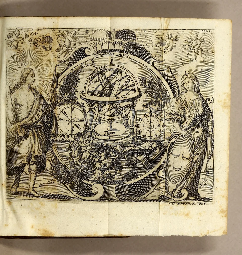 An illustration from R.P. Caspari Knitl. S.J. AA. LL. & Phil. Doctoris & Mathem. Professoris, Cosmographia elementaris, : propositionibus physico-mathematicis, in Alma, Caesarea, Regiáq[ue] Universitate Pragensi Carolo-Ferdinandea, anno superiore proposita,, 1674, leaf 9