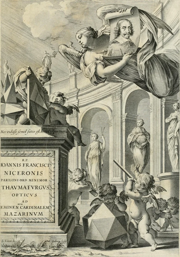 An illustration from R.P. Ioannis Francisci Niceronis Parisini, ex Ord. Minim. Thaumaturgus opticus, seu, Admiranda optices, per radium directum : catoptrices, per reflexum è politis corporibus ... : dioptrices, per refractum in diaphanis ... pars prima .., 1646, leaf 12