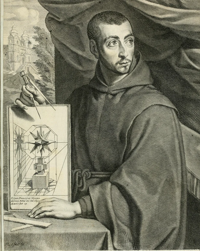 An illustration from R.P. Ioannis Francisci Niceronis Parisini, ex Ord. Minim. Thaumaturgus opticus, seu, Admiranda optices, per radium directum : catoptrices, per reflexum è politis corporibus ... : dioptrices, per refractum in diaphanis ... pars prima .., 1646, leaf 14
