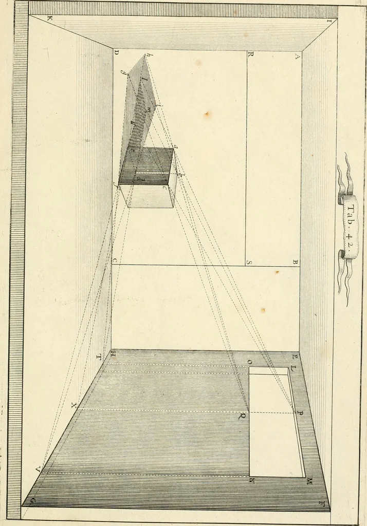 An illustration from R.P. Ioannis Francisci Niceronis Parisini, ex Ord. Minim. Thaumaturgus opticus, seu, Admiranda optices, per radium directum : catoptrices, per reflexum è politis corporibus ... : dioptrices, per refractum in diaphanis ... pars prima .., 1646, leaf 348