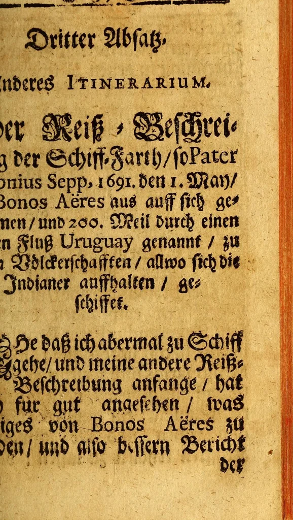 An illustration from RR. PP. Antonii Sepp, und Antonii Böhm, der Societät Jesu Priestern teutscher Nation, deren der erste aus Tyrol an der Etsch, der ander aus Bayrn gebürtig, Reissbeschreibung wie dieselbe aus Hispanien in Paraquariam kommen. : Und kurtzer Bericht der denckwürdigsten Sachen selbiger Landschafft, Völckern, und Arbeitung der sich alldort befindenten PP Missionariorum., 1696, leaf 141