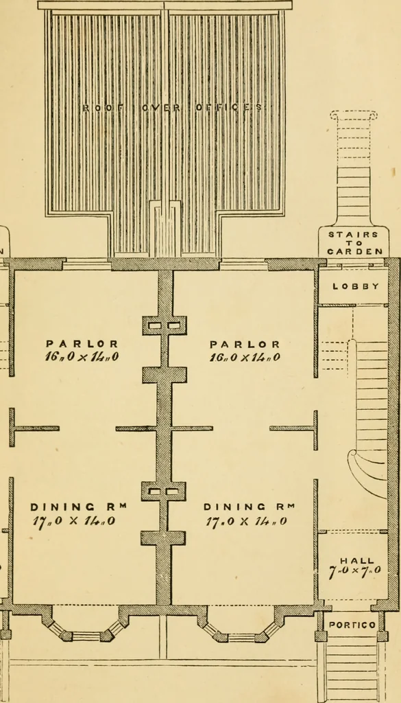 An illustration from Rudimentary treatise on the erection of dwelling-houses : illustrated by a perspective view, plans, elevations, and sections of a pair of semi-detached villas with the specification, quantities, and estimates and every requisite detail, in sequence, for their construction and finishing / by S.H. Brooks., 1874, leaf 192