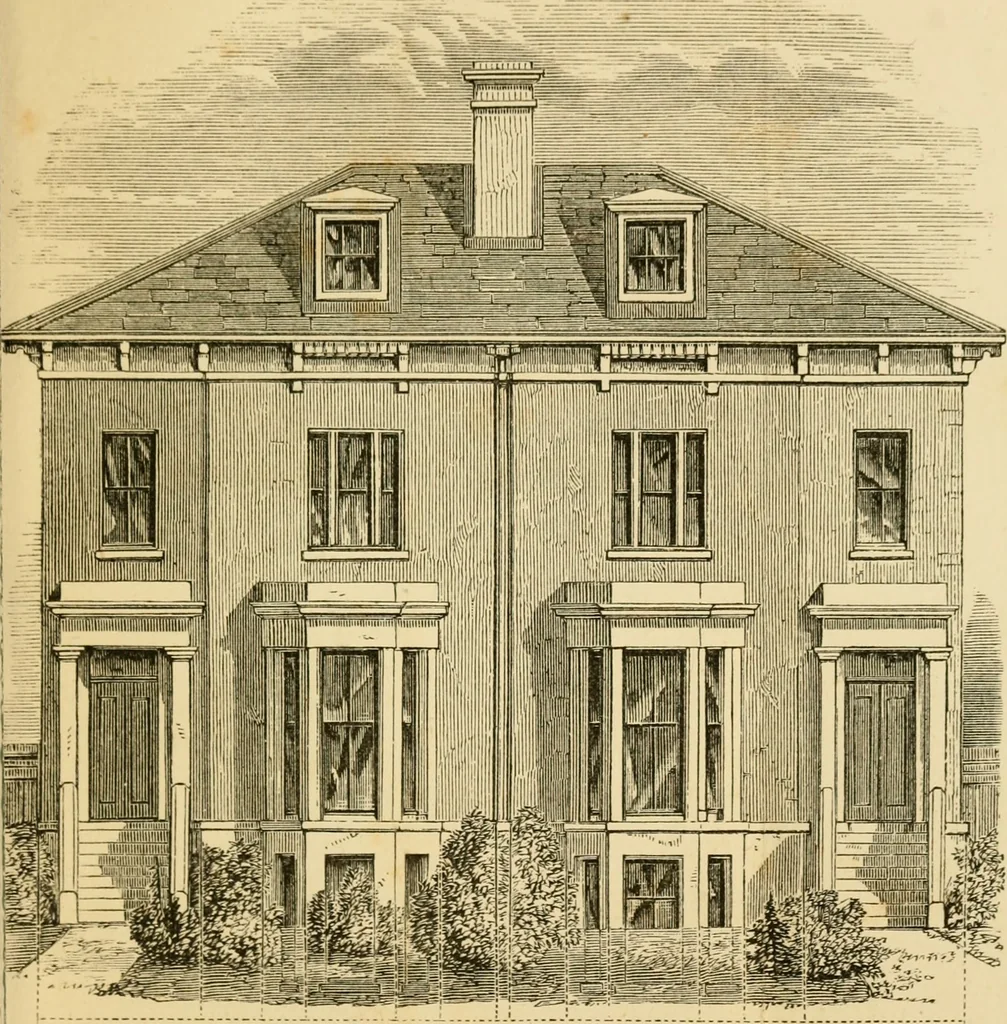 An illustration from Rudimentary treatise on the erection of dwelling-houses : illustrated by a perspective view, plans, elevations, and sections of a pair of semi-detached villas with the specification, quantities, and estimates and every requisite detail, in sequence, for their construction and finishing / by S.H. Brooks., 1874, leaf 200