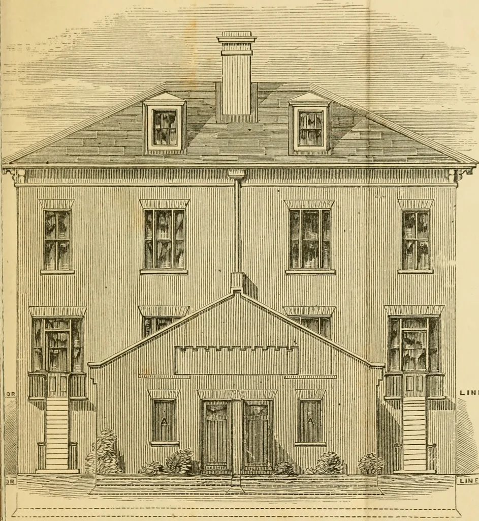 An illustration from Rudimentary treatise on the erection of dwelling-houses : illustrated by a perspective view, plans, elevations, and sections of a pair of semi-detached villas with the specification, quantities, and estimates and every requisite detail, in sequence, for their construction and finishing / by S.H. Brooks., 1874, leaf 202