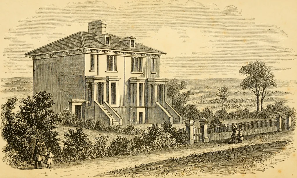An illustration from Rudimentary treatise on the erection of dwelling-houses : illustrated by a perspective view, plans, elevations, and sections of a pair of semi-detached villas with the specification, quantities, and estimates and every requisite detail, in sequence, for their construction and finishing / by S.H. Brooks., 1874, leaf 5