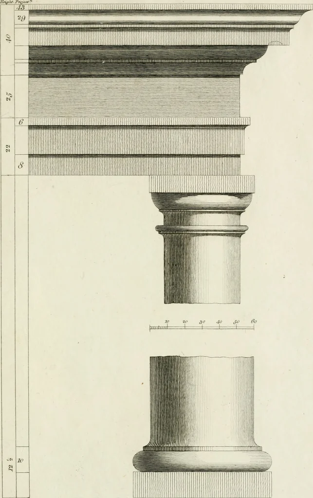 An illustration from The rudiments of ancient architecture, in two parts : containing an historical account of the five orders, with their proportions and examples of each from the antiques : also Vitruvius on the temples and intercolumniations, &c. of the ancients ... : with a dictionary of terms : illustrated with ten plates, 1789, leaf 102