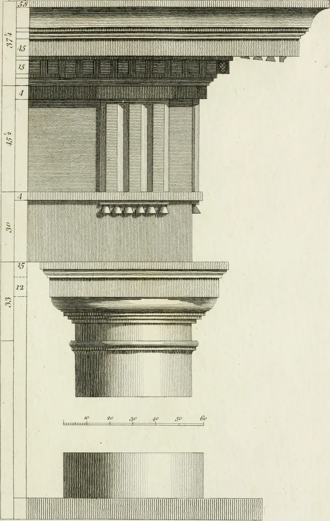 An illustration from The rudiments of ancient architecture, in two parts : containing an historical account of the five orders, with their proportions and examples of each from the antiques : also Vitruvius on the temples and intercolumniations, &c. of the ancients ... : with a dictionary of terms : illustrated with ten plates, 1789, leaf 104