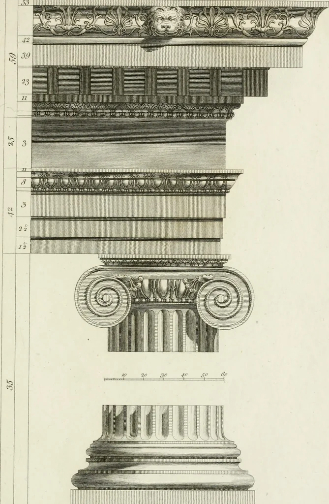 An illustration from The rudiments of ancient architecture, in two parts : containing an historical account of the five orders, with their proportions and examples of each from the antiques : also Vitruvius on the temples and intercolumniations, &c. of the ancients ... : with a dictionary of terms : illustrated with ten plates, 1789, leaf 106