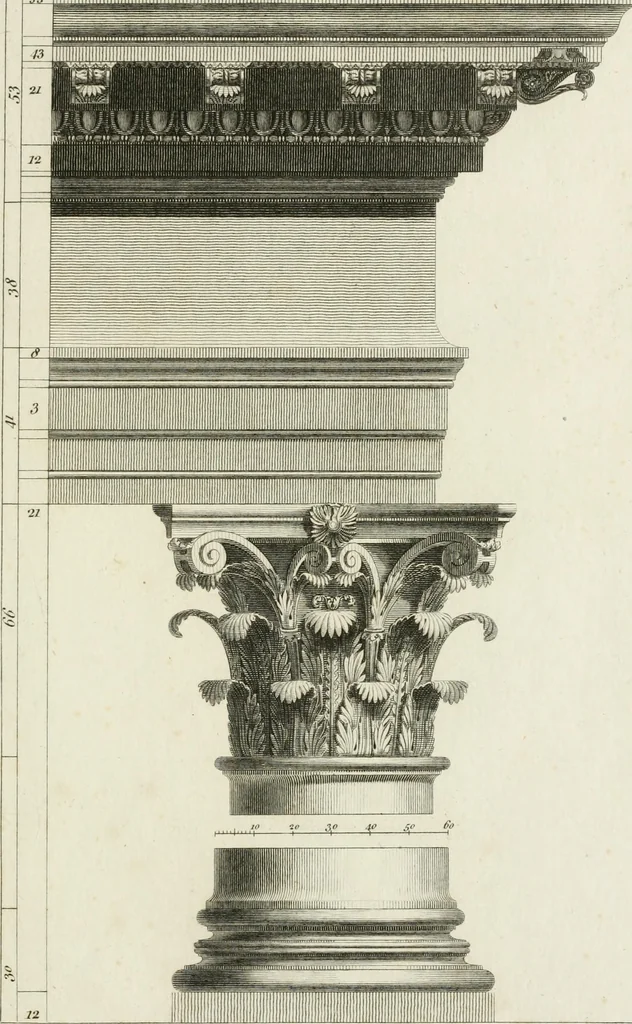 An illustration from The rudiments of ancient architecture, in two parts : containing an historical account of the five orders, with their proportions and examples of each from the antiques : also Vitruvius on the temples and intercolumniations, &c. of the ancients ... : with a dictionary of terms : illustrated with ten plates, 1789, leaf 108
