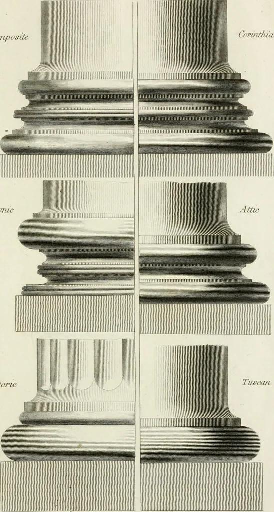 An illustration from The rudiments of ancient architecture, in two parts : containing an historical account of the five orders, with their proportions and examples of each from the antiques : also Vitruvius on the temples and intercolumniations, &c. of the ancients ... : with a dictionary of terms : illustrated with ten plates, 1789, leaf 112