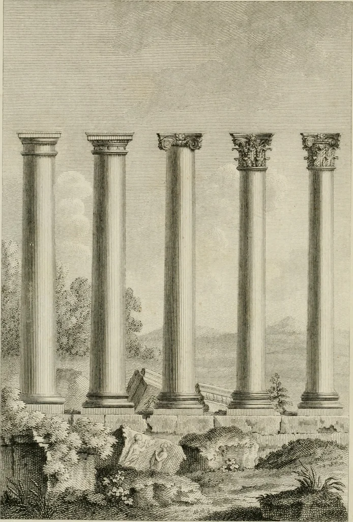 An illustration from The rudiments of ancient architecture, in two parts : containing an historical account of the five orders, with their proportions and examples of each from the antiques : also Vitruvius on the temples and intercolumniations, &c. of the ancients ... : with a dictionary of terms : illustrated with ten plates, 1789, leaf 7