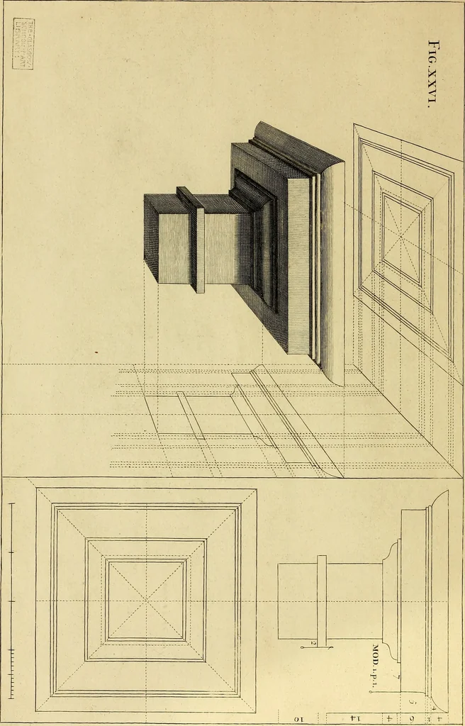 An illustration from Rules and examples of perspective proper for painters and architects, etc. in English and Latin :‡bcontaining a most easie and expeditious method to delineate in perspective all designs relating to architecture, after a new manner, wholly free from the confusion of occult lines /‡cby that great master thereof, Andrea Pozzo, Soc. Jef. engraven in 105 ample folio plates, and adorn'd with 200 initial letters to the explanatory discourses ; printed from copper-plates ony best paper by John Sturt ; done into English from the original printed at Rome 1693 in Lat. and Ital. by Mr John James of Greenwich, 1693, leaf 105