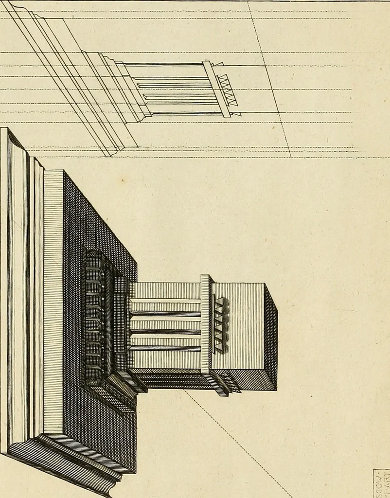 An illustration from Rules and examples of perspective proper for painters and architects, etc. in English and Latin :‡bcontaining a most easie and expeditious method to delineate in perspective all designs relating to architecture, after a new manner, wholly free from the confusion of occult lines /‡cby that great master thereof, Andrea Pozzo, Soc. Jef. engraven in 105 ample folio plates, and adorn'd with 200 initial letters to the explanatory discourses ; printed from copper-plates ony best paper by John Sturt ; done into English from the original printed at Rome 1693 in Lat. and Ital. by Mr John James of Greenwich, 1693, leaf 108