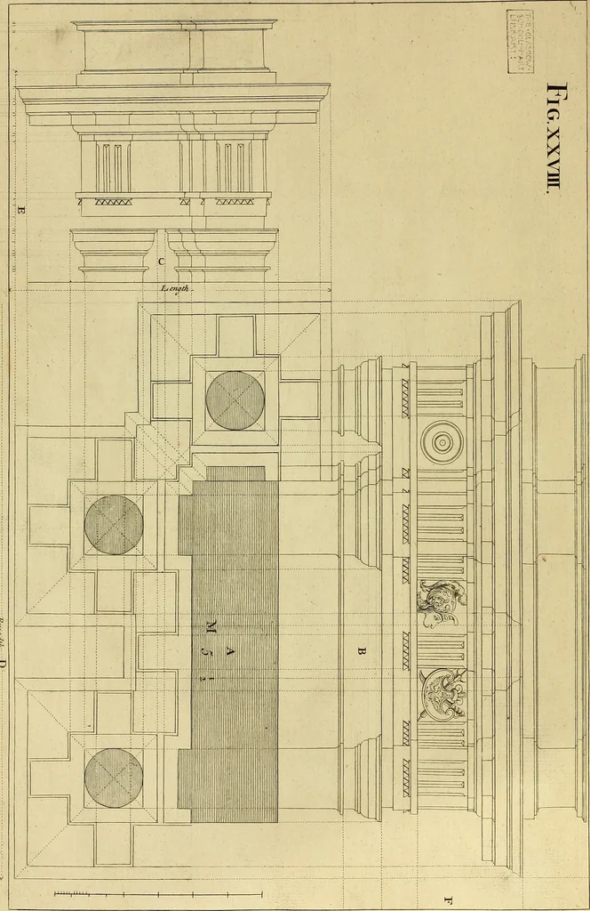 An illustration from Rules and examples of perspective proper for painters and architects, etc. in English and Latin :‡bcontaining a most easie and expeditious method to delineate in perspective all designs relating to architecture, after a new manner, wholly free from the confusion of occult lines /‡cby that great master thereof, Andrea Pozzo, Soc. Jef. engraven in 105 ample folio plates, and adorn'd with 200 initial letters to the explanatory discourses ; printed from copper-plates ony best paper by John Sturt ; done into English from the original printed at Rome 1693 in Lat. and Ital. by Mr John James of Greenwich, 1693, leaf 111