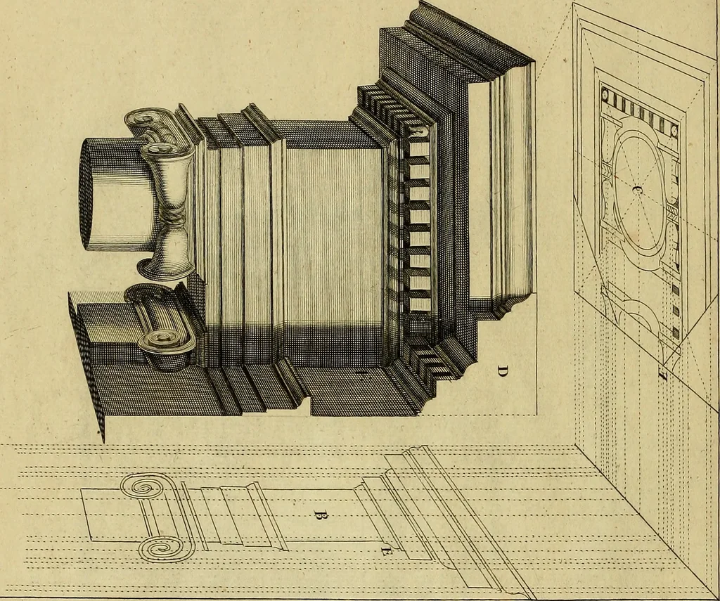 An illustration from Rules and examples of perspective proper for painters and architects, etc. in English and Latin :‡bcontaining a most easie and expeditious method to delineate in perspective all designs relating to architecture, after a new manner, wholly free from the confusion of occult lines /‡cby that great master thereof, Andrea Pozzo, Soc. Jef. engraven in 105 ample folio plates, and adorn'd with 200 initial letters to the explanatory discourses ; printed from copper-plates ony best paper by John Sturt ; done into English from the original printed at Rome 1693 in Lat. and Ital. by Mr John James of Greenwich, 1693, leaf 117