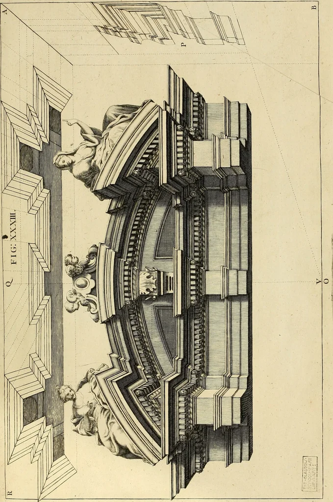 An illustration from Rules and examples of perspective proper for painters and architects, etc. in English and Latin :‡bcontaining a most easie and expeditious method to delineate in perspective all designs relating to architecture, after a new manner, wholly free from the confusion of occult lines /‡cby that great master thereof, Andrea Pozzo, Soc. Jef. engraven in 105 ample folio plates, and adorn'd with 200 initial letters to the explanatory discourses ; printed from copper-plates ony best paper by John Sturt ; done into English from the original printed at Rome 1693 in Lat. and Ital. by Mr John James of Greenwich, 1693, leaf 126