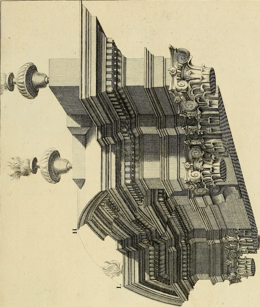 An illustration from Rules and examples of perspective proper for painters and architects, etc. in English and Latin :‡bcontaining a most easie and expeditious method to delineate in perspective all designs relating to architecture, after a new manner, wholly free from the confusion of occult lines /‡cby that great master thereof, Andrea Pozzo, Soc. Jef. engraven in 105 ample folio plates, and adorn'd with 200 initial letters to the explanatory discourses ; printed from copper-plates ony best paper by John Sturt ; done into English from the original printed at Rome 1693 in Lat. and Ital. by Mr John James of Greenwich, 1693, leaf 132