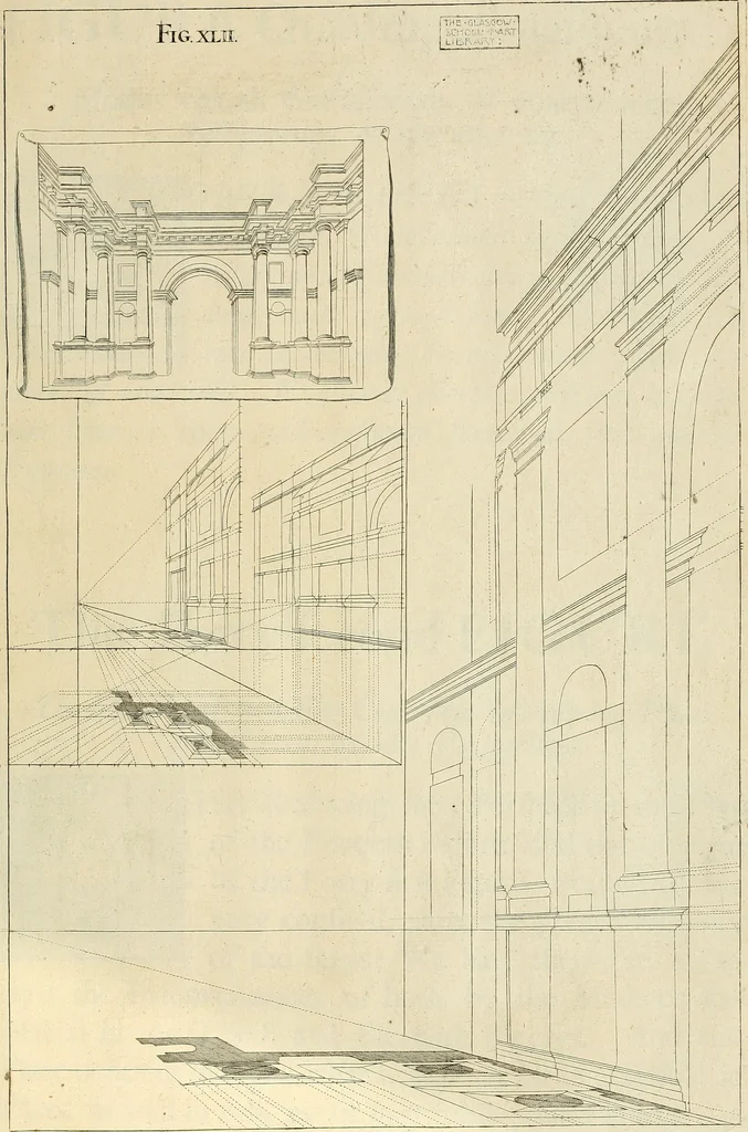 An illustration from Rules and examples of perspective proper for painters and architects, etc. in English and Latin :‡bcontaining a most easie and expeditious method to delineate in perspective all designs relating to architecture, after a new manner, wholly free from the confusion of occult lines /‡cby that great master thereof, Andrea Pozzo, Soc. Jef. engraven in 105 ample folio plates, and adorn'd with 200 initial letters to the explanatory discourses ; printed from copper-plates ony best paper by John Sturt ; done into English from the original printed at Rome 1693 in Lat. and Ital. by Mr John James of Greenwich, 1693, leaf 152