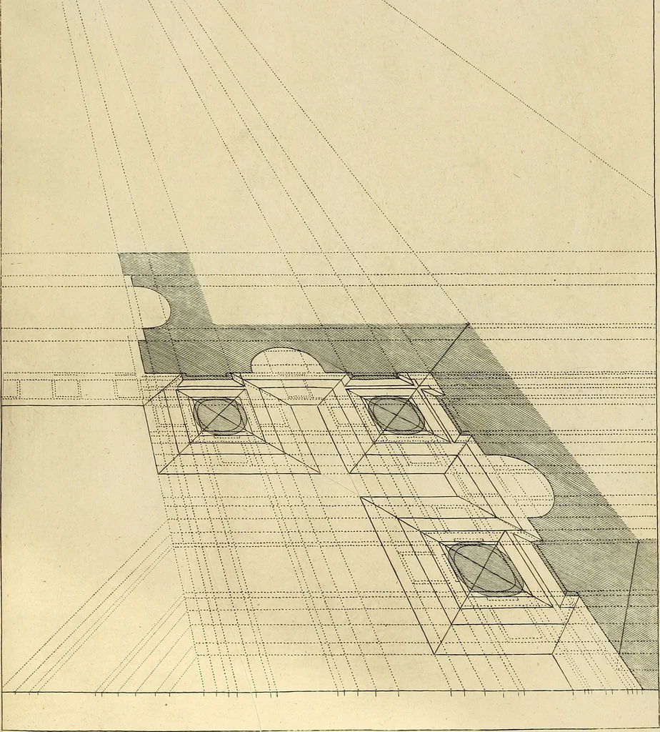 An illustration from Rules and examples of perspective proper for painters and architects, etc. in English and Latin :‡bcontaining a most easie and expeditious method to delineate in perspective all designs relating to architecture, after a new manner, wholly free from the confusion of occult lines /‡cby that great master thereof, Andrea Pozzo, Soc. Jef. engraven in 105 ample folio plates, and adorn'd with 200 initial letters to the explanatory discourses ; printed from copper-plates ony best paper by John Sturt ; done into English from the original printed at Rome 1693 in Lat. and Ital. by Mr John James of Greenwich, 1693, leaf 156