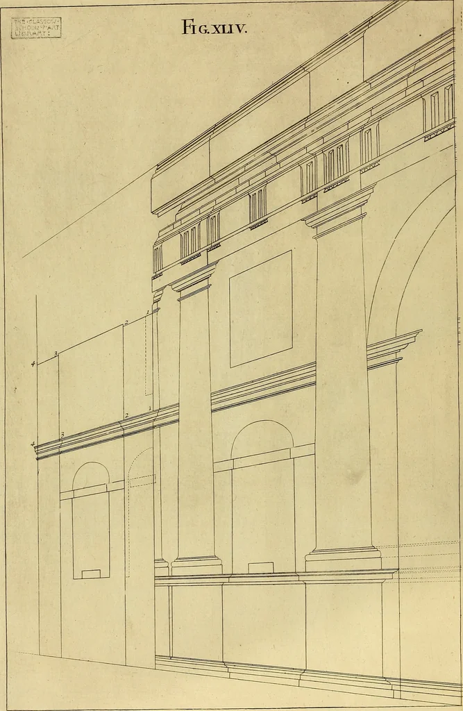 An illustration from Rules and examples of perspective proper for painters and architects, etc. in English and Latin :‡bcontaining a most easie and expeditious method to delineate in perspective all designs relating to architecture, after a new manner, wholly free from the confusion of occult lines /‡cby that great master thereof, Andrea Pozzo, Soc. Jef. engraven in 105 ample folio plates, and adorn'd with 200 initial letters to the explanatory discourses ; printed from copper-plates ony best paper by John Sturt ; done into English from the original printed at Rome 1693 in Lat. and Ital. by Mr John James of Greenwich, 1693, leaf 159