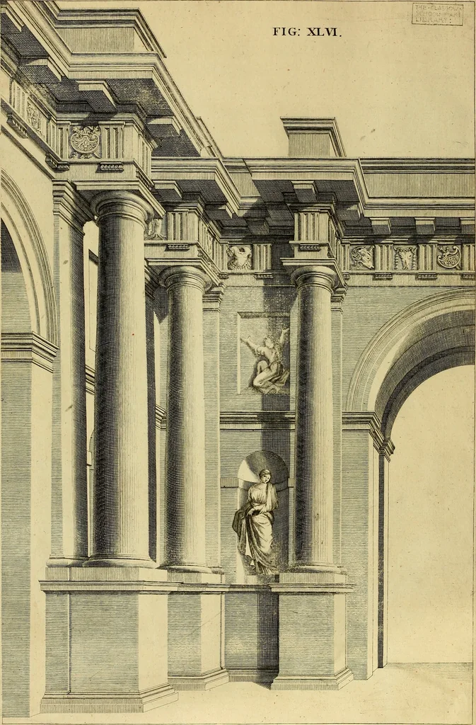 An illustration from Rules and examples of perspective proper for painters and architects, etc. in English and Latin :‡bcontaining a most easie and expeditious method to delineate in perspective all designs relating to architecture, after a new manner, wholly free from the confusion of occult lines /‡cby that great master thereof, Andrea Pozzo, Soc. Jef. engraven in 105 ample folio plates, and adorn'd with 200 initial letters to the explanatory discourses ; printed from copper-plates ony best paper by John Sturt ; done into English from the original printed at Rome 1693 in Lat. and Ital. by Mr John James of Greenwich, 1693, leaf 165