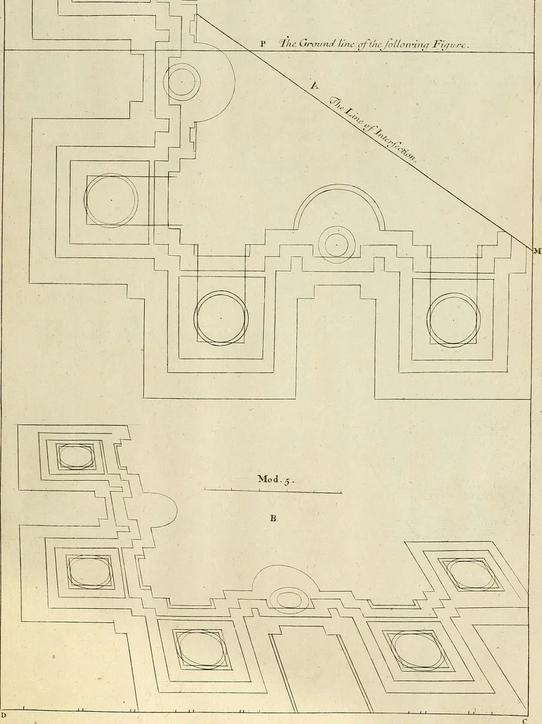 An illustration from Rules and examples of perspective proper for painters and architects, etc. in English and Latin :‡bcontaining a most easie and expeditious method to delineate in perspective all designs relating to architecture, after a new manner, wholly free from the confusion of occult lines /‡cby that great master thereof, Andrea Pozzo, Soc. Jef. engraven in 105 ample folio plates, and adorn'd with 200 initial letters to the explanatory discourses ; printed from copper-plates ony best paper by John Sturt ; done into English from the original printed at Rome 1693 in Lat. and Ital. by Mr John James of Greenwich, 1693, leaf 168