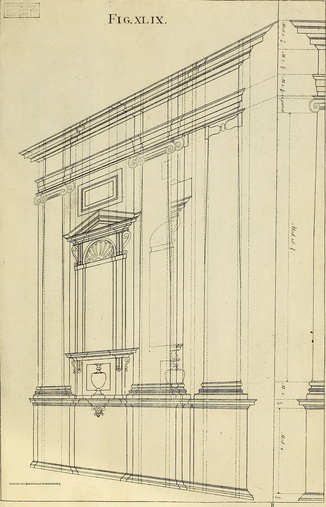 An illustration from Rules and examples of perspective proper for painters and architects, etc. in English and Latin :‡bcontaining a most easie and expeditious method to delineate in perspective all designs relating to architecture, after a new manner, wholly free from the confusion of occult lines /‡cby that great master thereof, Andrea Pozzo, Soc. Jef. engraven in 105 ample folio plates, and adorn'd with 200 initial letters to the explanatory discourses ; printed from copper-plates ony best paper by John Sturt ; done into English from the original printed at Rome 1693 in Lat. and Ital. by Mr John James of Greenwich, 1693, leaf 174
