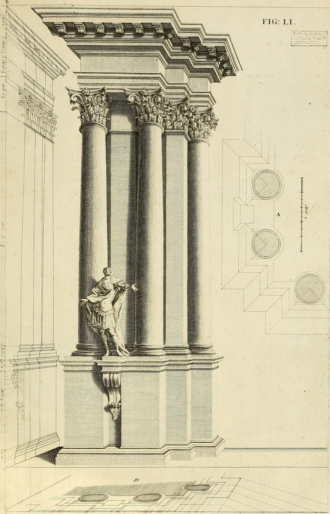 An illustration from Rules and examples of perspective proper for painters and architects, etc. in English and Latin :‡bcontaining a most easie and expeditious method to delineate in perspective all designs relating to architecture, after a new manner, wholly free from the confusion of occult lines /‡cby that great master thereof, Andrea Pozzo, Soc. Jef. engraven in 105 ample folio plates, and adorn'd with 200 initial letters to the explanatory discourses ; printed from copper-plates ony best paper by John Sturt ; done into English from the original printed at Rome 1693 in Lat. and Ital. by Mr John James of Greenwich, 1693, leaf 180