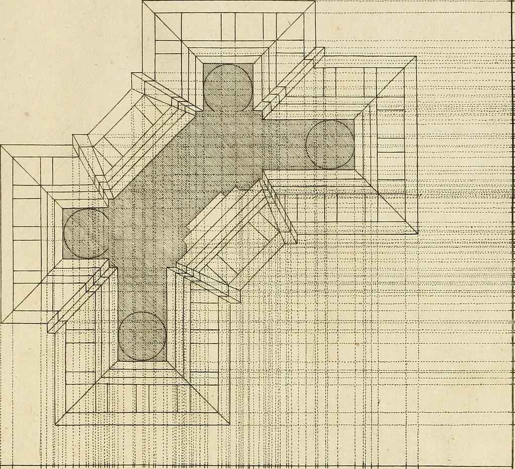 An illustration from Rules and examples of perspective proper for painters and architects, etc. in English and Latin :‡bcontaining a most easie and expeditious method to delineate in perspective all designs relating to architecture, after a new manner, wholly free from the confusion of occult lines /‡cby that great master thereof, Andrea Pozzo, Soc. Jef. engraven in 105 ample folio plates, and adorn'd with 200 initial letters to the explanatory discourses ; printed from copper-plates ony best paper by John Sturt ; done into English from the original printed at Rome 1693 in Lat. and Ital. by Mr John James of Greenwich, 1693, leaf 192