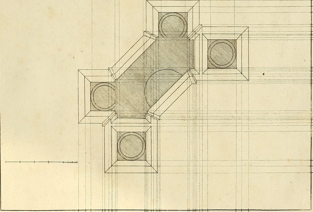 An illustration from Rules and examples of perspective proper for painters and architects, etc. in English and Latin :‡bcontaining a most easie and expeditious method to delineate in perspective all designs relating to architecture, after a new manner, wholly free from the confusion of occult lines /‡cby that great master thereof, Andrea Pozzo, Soc. Jef. engraven in 105 ample folio plates, and adorn'd with 200 initial letters to the explanatory discourses ; printed from copper-plates ony best paper by John Sturt ; done into English from the original printed at Rome 1693 in Lat. and Ital. by Mr John James of Greenwich, 1693, leaf 192