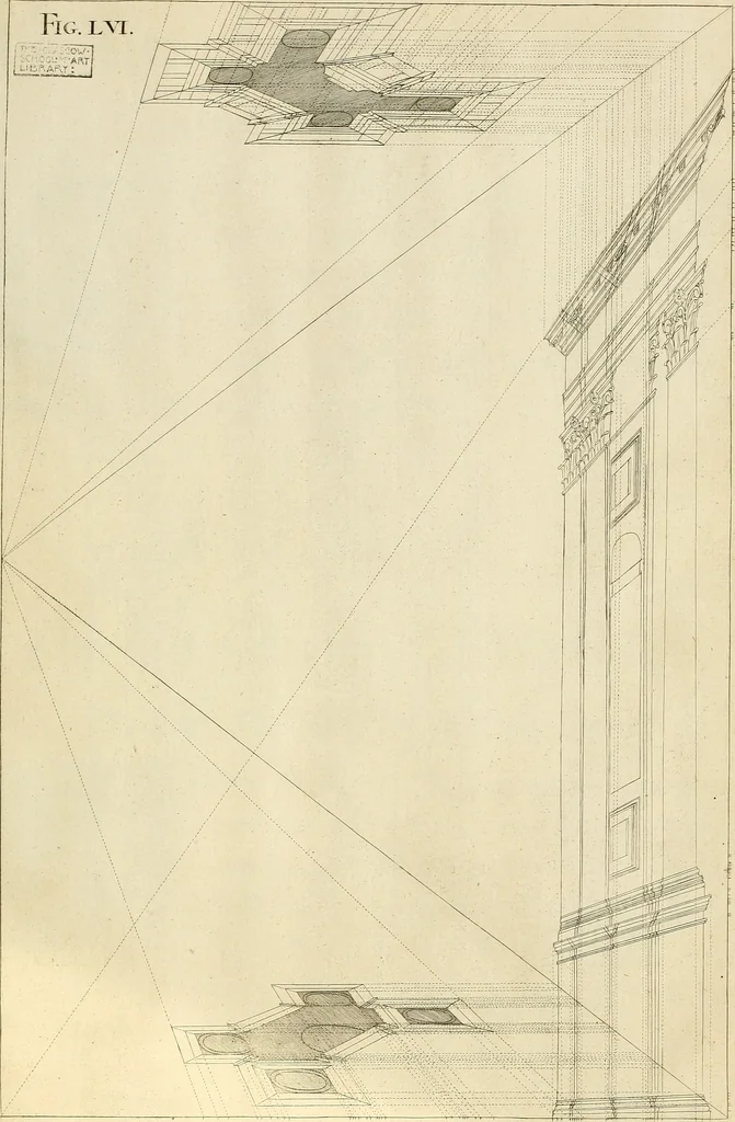An illustration from Rules and examples of perspective proper for painters and architects, etc. in English and Latin :‡bcontaining a most easie and expeditious method to delineate in perspective all designs relating to architecture, after a new manner, wholly free from the confusion of occult lines /‡cby that great master thereof, Andrea Pozzo, Soc. Jef. engraven in 105 ample folio plates, and adorn'd with 200 initial letters to the explanatory discourses ; printed from copper-plates ony best paper by John Sturt ; done into English from the original printed at Rome 1693 in Lat. and Ital. by Mr John James of Greenwich, 1693, leaf 198