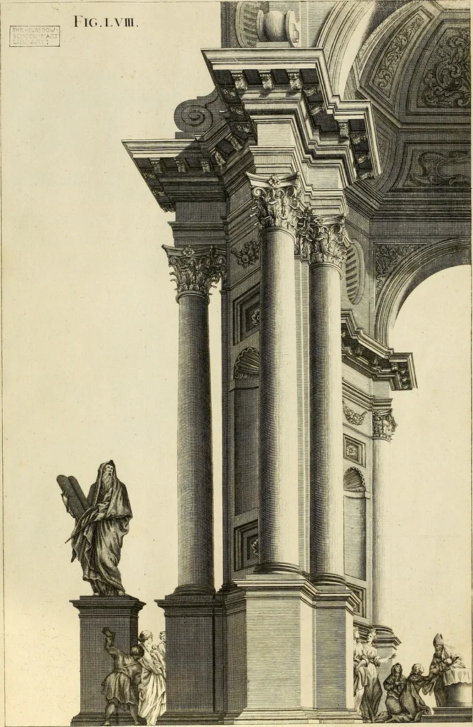 An illustration from Rules and examples of perspective proper for painters and architects, etc. in English and Latin :‡bcontaining a most easie and expeditious method to delineate in perspective all designs relating to architecture, after a new manner, wholly free from the confusion of occult lines /‡cby that great master thereof, Andrea Pozzo, Soc. Jef. engraven in 105 ample folio plates, and adorn'd with 200 initial letters to the explanatory discourses ; printed from copper-plates ony best paper by John Sturt ; done into English from the original printed at Rome 1693 in Lat. and Ital. by Mr John James of Greenwich, 1693, leaf 204