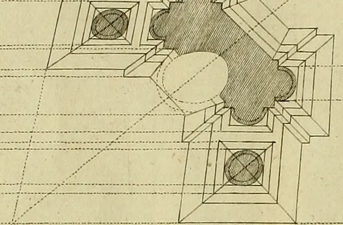 An illustration from Rules and examples of perspective proper for painters and architects, etc. in English and Latin :‡bcontaining a most easie and expeditious method to delineate in perspective all designs relating to architecture, after a new manner, wholly free from the confusion of occult lines /‡cby that great master thereof, Andrea Pozzo, Soc. Jef. engraven in 105 ample folio plates, and adorn'd with 200 initial letters to the explanatory discourses ; printed from copper-plates ony best paper by John Sturt ; done into English from the original printed at Rome 1693 in Lat. and Ital. by Mr John James of Greenwich, 1693, leaf 207