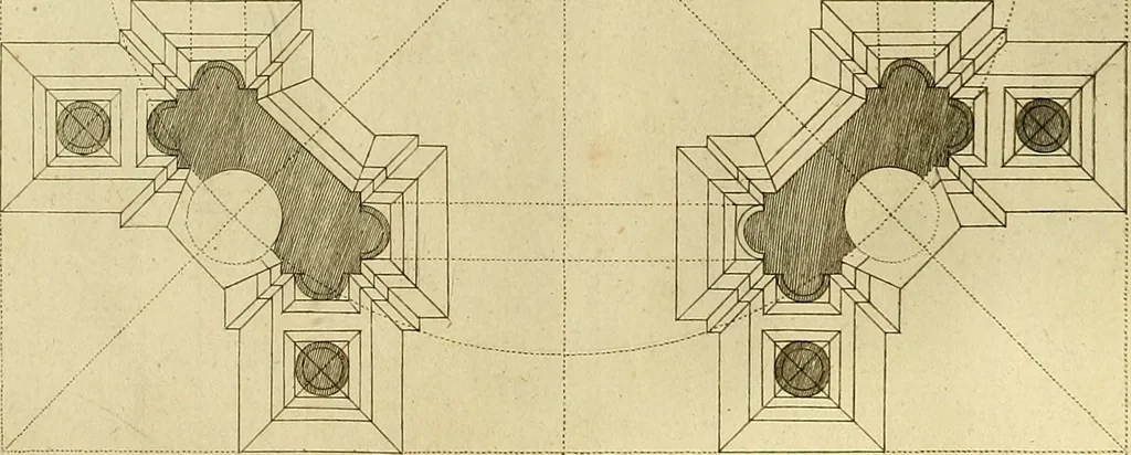An illustration from Rules and examples of perspective proper for painters and architects, etc. in English and Latin :‡bcontaining a most easie and expeditious method to delineate in perspective all designs relating to architecture, after a new manner, wholly free from the confusion of occult lines /‡cby that great master thereof, Andrea Pozzo, Soc. Jef. engraven in 105 ample folio plates, and adorn'd with 200 initial letters to the explanatory discourses ; printed from copper-plates ony best paper by John Sturt ; done into English from the original printed at Rome 1693 in Lat. and Ital. by Mr John James of Greenwich, 1693, leaf 207