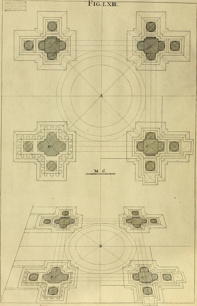 An illustration from Rules and examples of perspective proper for painters and architects, etc. in English and Latin :‡bcontaining a most easie and expeditious method to delineate in perspective all designs relating to architecture, after a new manner, wholly free from the confusion of occult lines /‡cby that great master thereof, Andrea Pozzo, Soc. Jef. engraven in 105 ample folio plates, and adorn'd with 200 initial letters to the explanatory discourses ; printed from copper-plates ony best paper by John Sturt ; done into English from the original printed at Rome 1693 in Lat. and Ital. by Mr John James of Greenwich, 1693, leaf 219