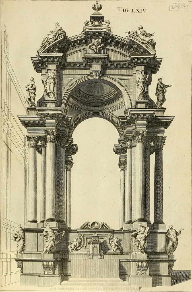 An illustration from Rules and examples of perspective proper for painters and architects, etc. in English and Latin :‡bcontaining a most easie and expeditious method to delineate in perspective all designs relating to architecture, after a new manner, wholly free from the confusion of occult lines /‡cby that great master thereof, Andrea Pozzo, Soc. Jef. engraven in 105 ample folio plates, and adorn'd with 200 initial letters to the explanatory discourses ; printed from copper-plates ony best paper by John Sturt ; done into English from the original printed at Rome 1693 in Lat. and Ital. by Mr John James of Greenwich, 1693, leaf 222
