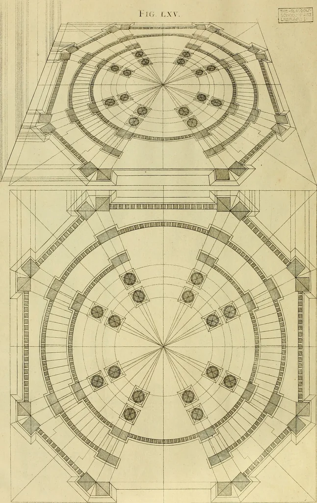 An illustration from Rules and examples of perspective proper for painters and architects, etc. in English and Latin :‡bcontaining a most easie and expeditious method to delineate in perspective all designs relating to architecture, after a new manner, wholly free from the confusion of occult lines /‡cby that great master thereof, Andrea Pozzo, Soc. Jef. engraven in 105 ample folio plates, and adorn'd with 200 initial letters to the explanatory discourses ; printed from copper-plates ony best paper by John Sturt ; done into English from the original printed at Rome 1693 in Lat. and Ital. by Mr John James of Greenwich, 1693, leaf 225