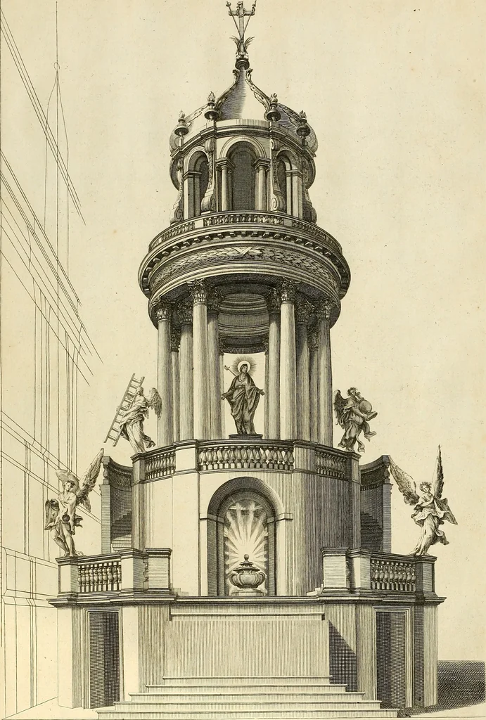 An illustration from Rules and examples of perspective proper for painters and architects, etc. in English and Latin :‡bcontaining a most easie and expeditious method to delineate in perspective all designs relating to architecture, after a new manner, wholly free from the confusion of occult lines /‡cby that great master thereof, Andrea Pozzo, Soc. Jef. engraven in 105 ample folio plates, and adorn'd with 200 initial letters to the explanatory discourses ; printed from copper-plates ony best paper by John Sturt ; done into English from the original printed at Rome 1693 in Lat. and Ital. by Mr John James of Greenwich, 1693, leaf 228