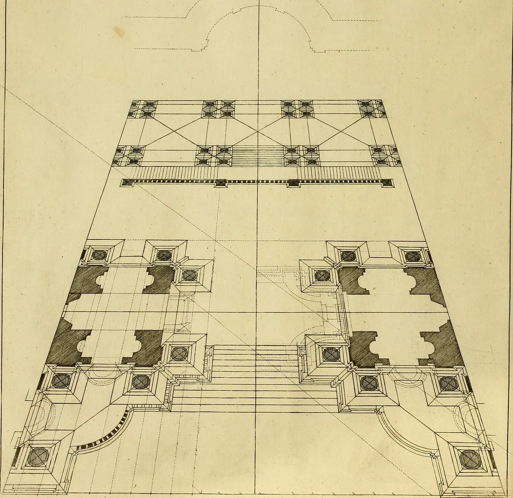 An illustration from Rules and examples of perspective proper for painters and architects, etc. in English and Latin :‡bcontaining a most easie and expeditious method to delineate in perspective all designs relating to architecture, after a new manner, wholly free from the confusion of occult lines /‡cby that great master thereof, Andrea Pozzo, Soc. Jef. engraven in 105 ample folio plates, and adorn'd with 200 initial letters to the explanatory discourses ; printed from copper-plates ony best paper by John Sturt ; done into English from the original printed at Rome 1693 in Lat. and Ital. by Mr John James of Greenwich, 1693, leaf 237