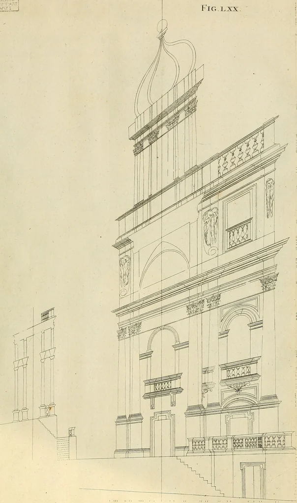 An illustration from Rules and examples of perspective proper for painters and architects, etc. in English and Latin :‡bcontaining a most easie and expeditious method to delineate in perspective all designs relating to architecture, after a new manner, wholly free from the confusion of occult lines /‡cby that great master thereof, Andrea Pozzo, Soc. Jef. engraven in 105 ample folio plates, and adorn'd with 200 initial letters to the explanatory discourses ; printed from copper-plates ony best paper by John Sturt ; done into English from the original printed at Rome 1693 in Lat. and Ital. by Mr John James of Greenwich, 1693, leaf 240