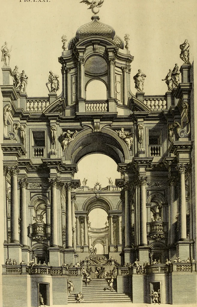 An illustration from Rules and examples of perspective proper for painters and architects, etc. in English and Latin :‡bcontaining a most easie and expeditious method to delineate in perspective all designs relating to architecture, after a new manner, wholly free from the confusion of occult lines /‡cby that great master thereof, Andrea Pozzo, Soc. Jef. engraven in 105 ample folio plates, and adorn'd with 200 initial letters to the explanatory discourses ; printed from copper-plates ony best paper by John Sturt ; done into English from the original printed at Rome 1693 in Lat. and Ital. by Mr John James of Greenwich, 1693, leaf 243