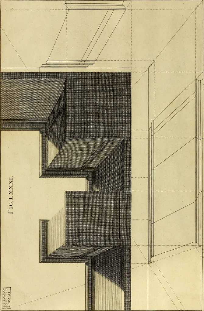 An illustration from Rules and examples of perspective proper for painters and architects, etc. in English and Latin :‡bcontaining a most easie and expeditious method to delineate in perspective all designs relating to architecture, after a new manner, wholly free from the confusion of occult lines /‡cby that great master thereof, Andrea Pozzo, Soc. Jef. engraven in 105 ample folio plates, and adorn'd with 200 initial letters to the explanatory discourses ; printed from copper-plates ony best paper by John Sturt ; done into English from the original printed at Rome 1693 in Lat. and Ital. by Mr John James of Greenwich, 1693, leaf 273