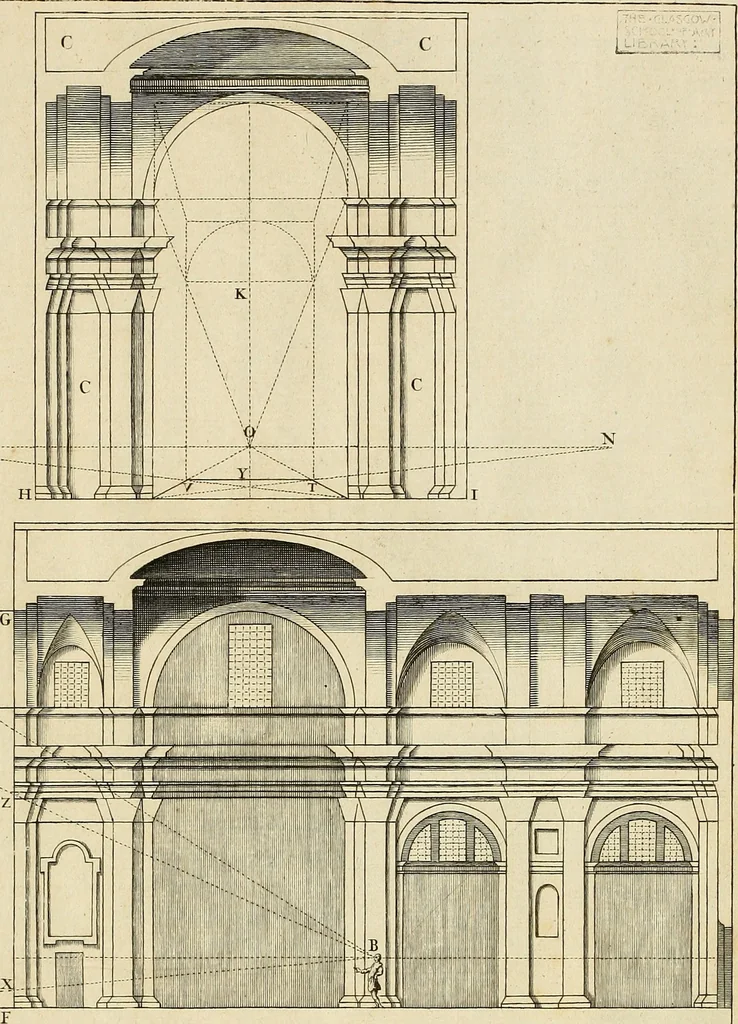 An illustration from Rules and examples of perspective proper for painters and architects, etc. in English and Latin :‡bcontaining a most easie and expeditious method to delineate in perspective all designs relating to architecture, after a new manner, wholly free from the confusion of occult lines /‡cby that great master thereof, Andrea Pozzo, Soc. Jef. engraven in 105 ample folio plates, and adorn'd with 200 initial letters to the explanatory discourses ; printed from copper-plates ony best paper by John Sturt ; done into English from the original printed at Rome 1693 in Lat. and Ital. by Mr John James of Greenwich, 1693, leaf 28