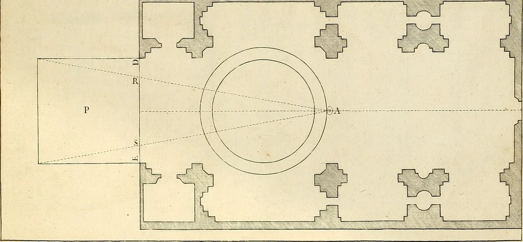An illustration from Rules and examples of perspective proper for painters and architects, etc. in English and Latin :‡bcontaining a most easie and expeditious method to delineate in perspective all designs relating to architecture, after a new manner, wholly free from the confusion of occult lines /‡cby that great master thereof, Andrea Pozzo, Soc. Jef. engraven in 105 ample folio plates, and adorn'd with 200 initial letters to the explanatory discourses ; printed from copper-plates ony best paper by John Sturt ; done into English from the original printed at Rome 1693 in Lat. and Ital. by Mr John James of Greenwich, 1693, leaf 28